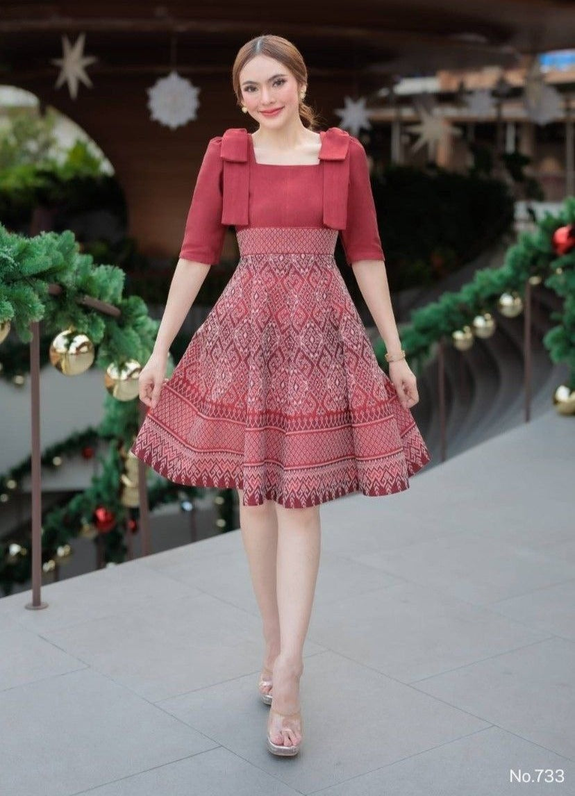 Woven Fabric Dress for Women | Square Neckline, Shoulder Bow, 8-Piece Flared Skirt, Hidden Zipper, Sizes S-5XL, Available in 3 Colors (N733)