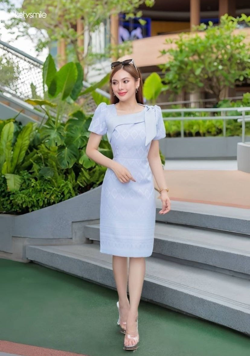 Restock! Blue Woven-Pattern Dress Tapered Fit, Shoulder Bow, Hidden Zipper, Sizes S-5XL