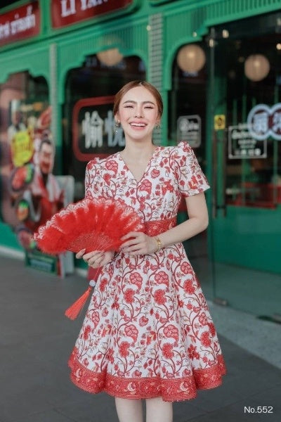 Red & White Patten Dress for Women | V-Neck, 8-Piece Flared Skirt, Hidden Zipper, Sizes S-5XL (N552)