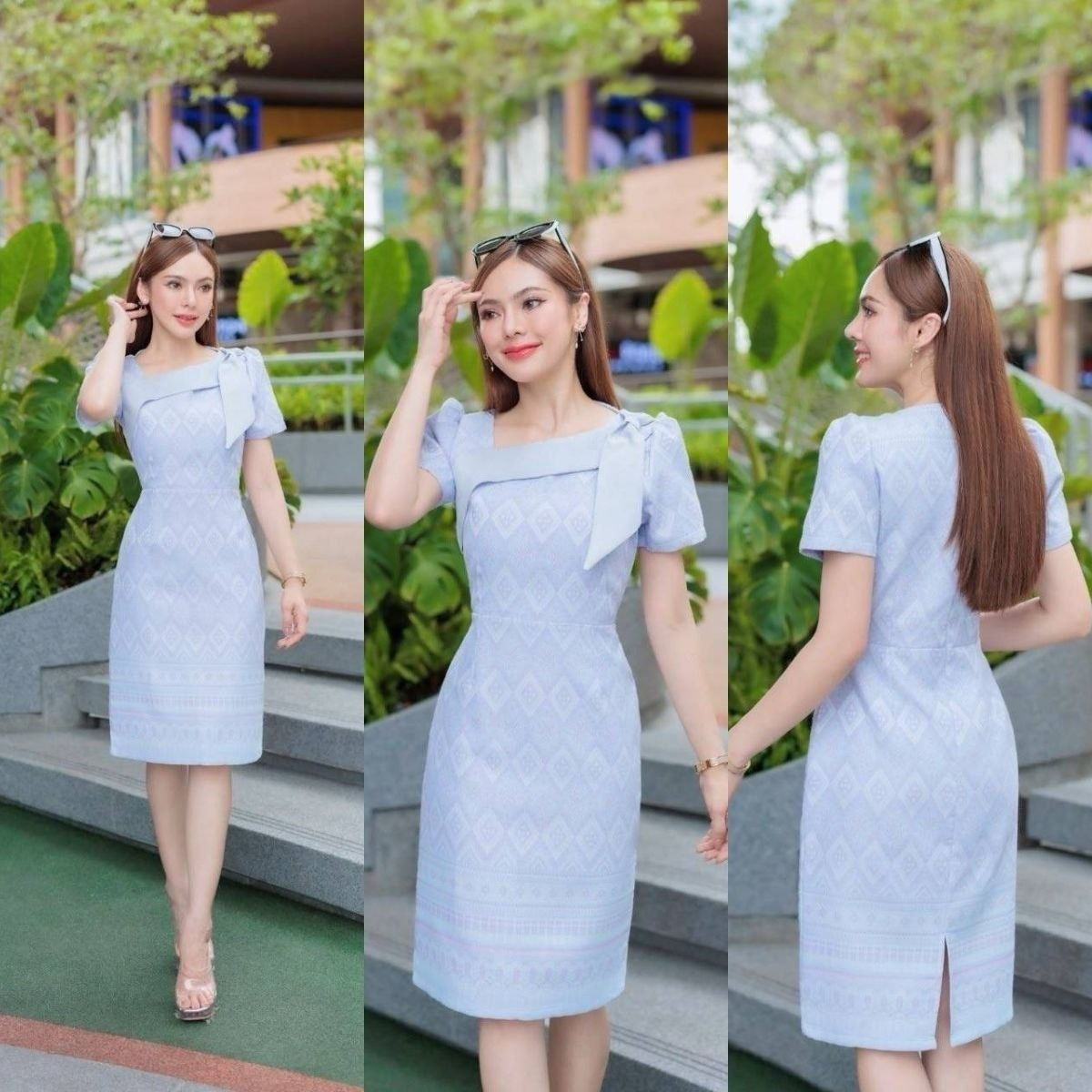 Restock! Blue Woven-Pattern Dress Tapered Fit, Shoulder Bow, Hidden Zipper, Sizes S-5XL