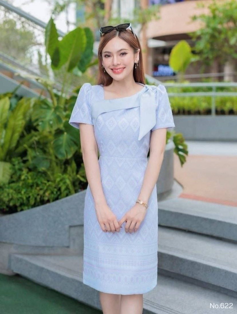 Restock! Blue Woven-Pattern Dress Tapered Fit, Shoulder Bow, Hidden Zipper, Sizes S-5XL
