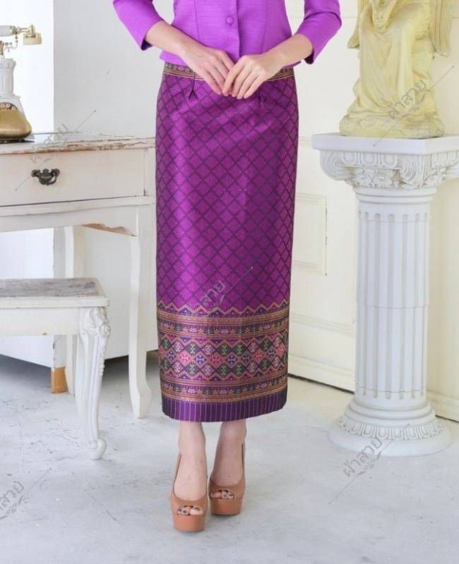 Elegant Thai/Laos Silk Skirt - Free Size Waist 24"- 44", 71-80 Traditional Thai Clothing