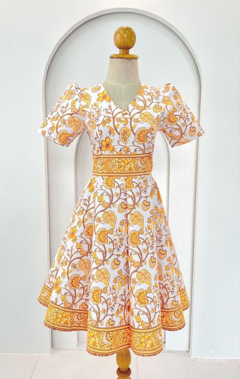 Yellow Patten Dress for Women | V-Neck, 8-Piece Flared Skirt, Hidden Zipper, Sizes S-5XL (N552)