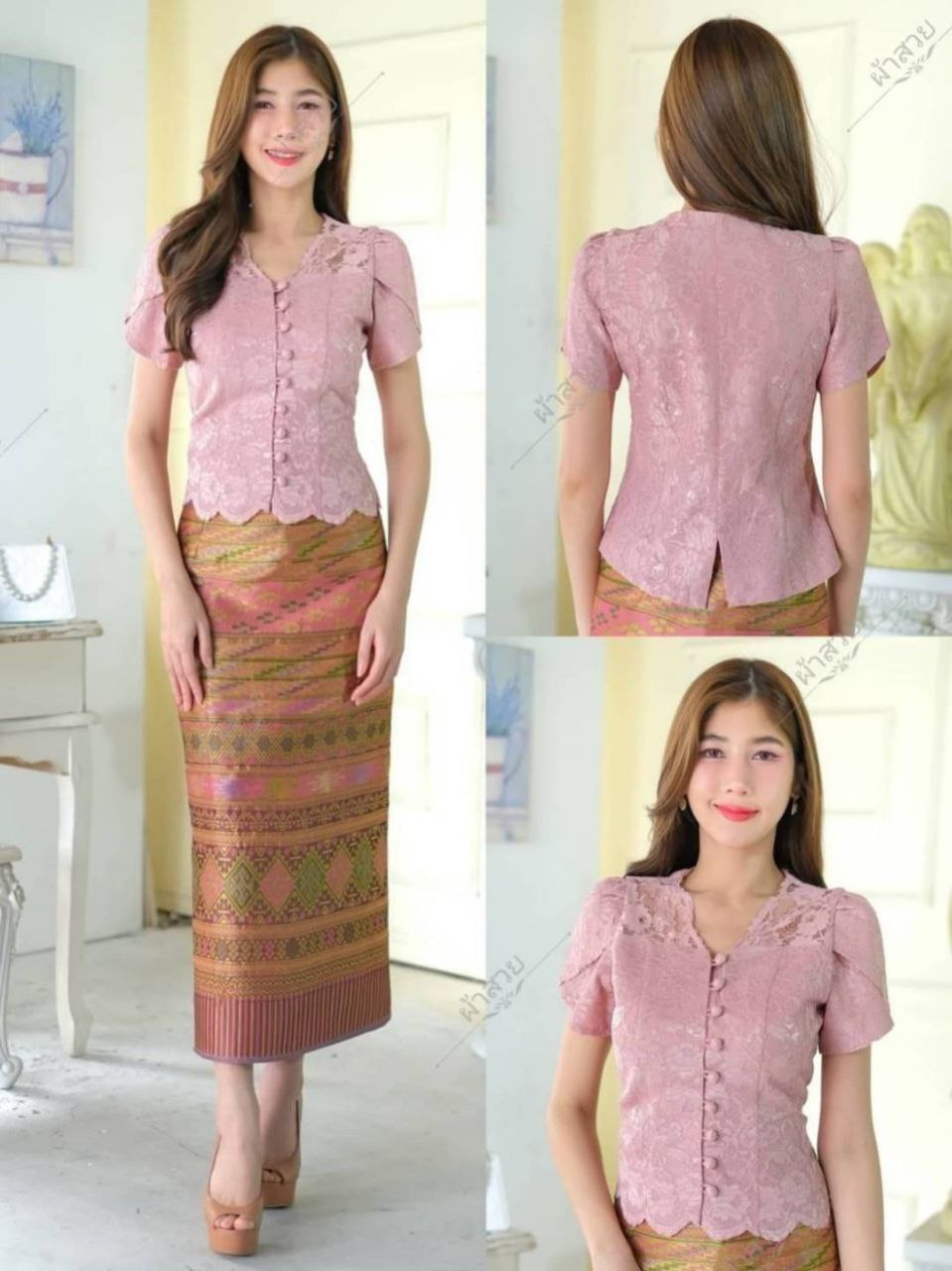 Thai/Laos Silk Skirt & Lace Blouse Short Sleeve SET (2 Pieces) - Sets Style #03 Chest 32"- 46". Plus Free Size Skirt 24"- 44"