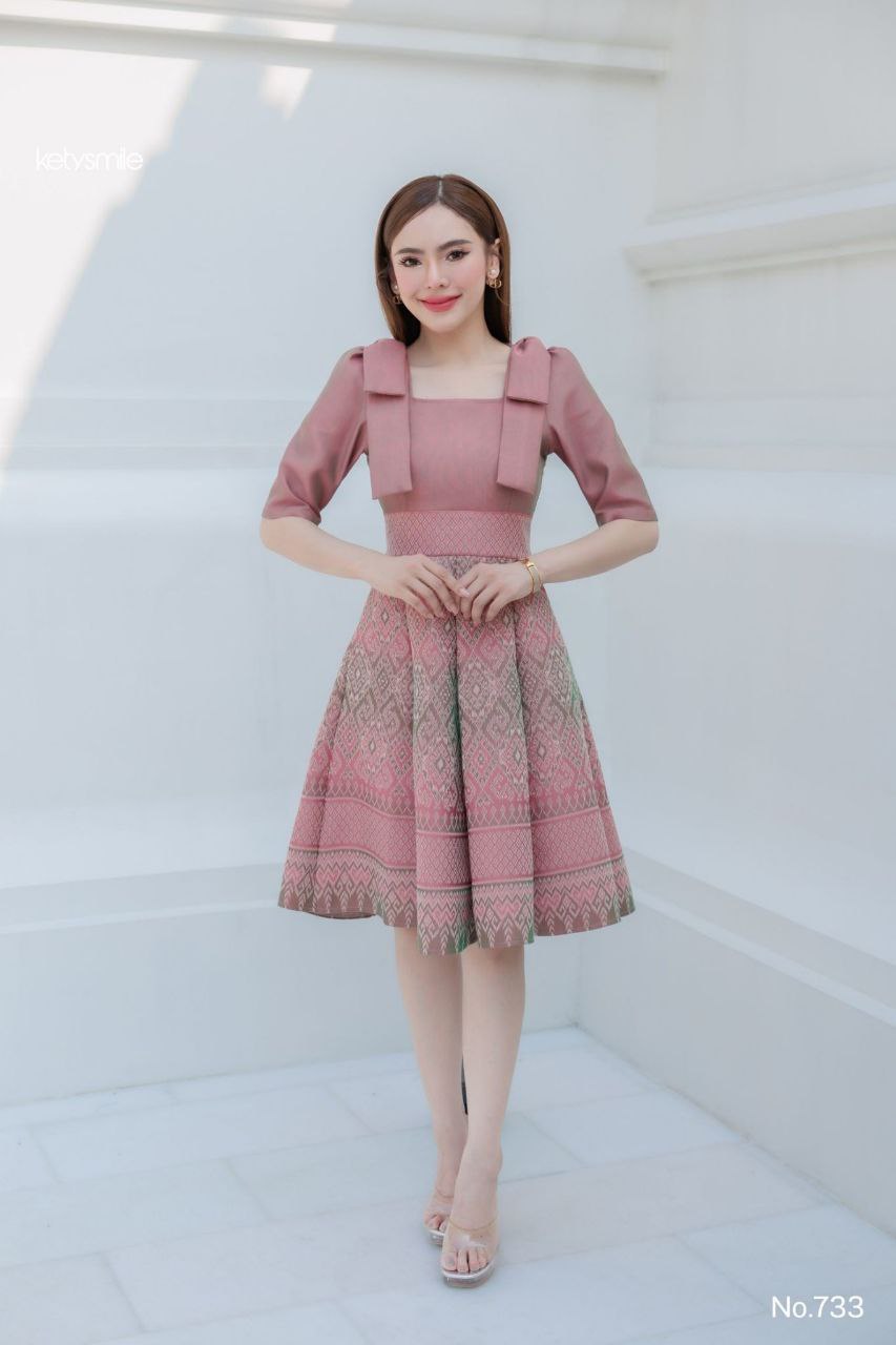 Woven Fabric Dress for Women | Square Neckline, Shoulder Bow, 8-Piece Flared Skirt, Hidden Zipper, Sizes S-5XL, Available in 3 Colors (N733)
