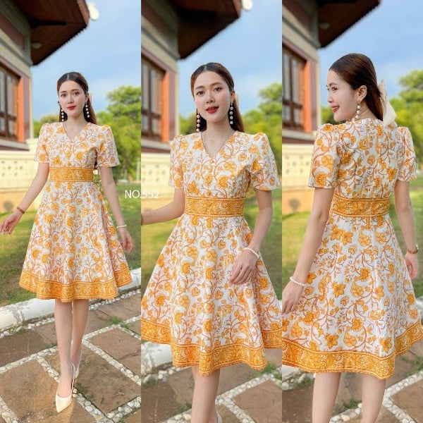 Yellow Patten Dress for Women | V-Neck, 8-Piece Flared Skirt, Hidden Zipper, Sizes S-5XL (N552)