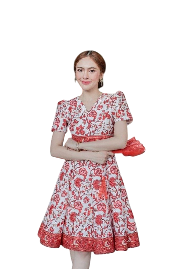 Red & White Patten Dress for Women | V-Neck, 8-Piece Flared Skirt, Hidden Zipper, Sizes S-5XL (N552)