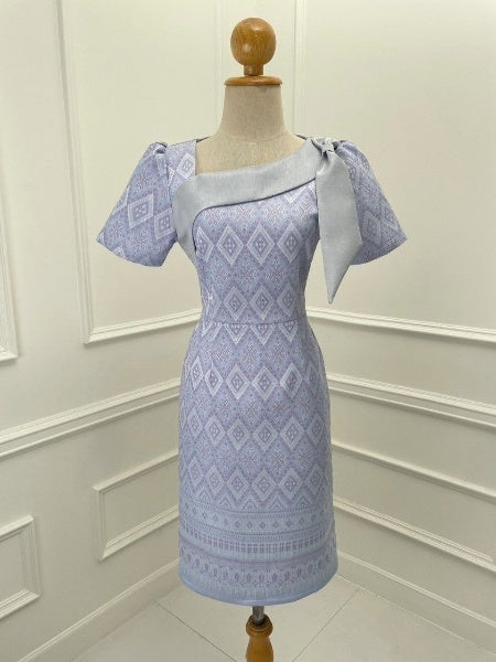 Restock! Blue Woven-Pattern Dress Tapered Fit, Shoulder Bow, Hidden Zipper, Sizes S-5XL