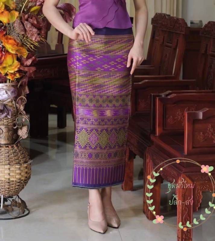 Elegant Thai/Laos Silk Skirt - Free Size Waist 24"- 44", 11-20 Traditional Thai Clothing, Thai Silk Long Skirts