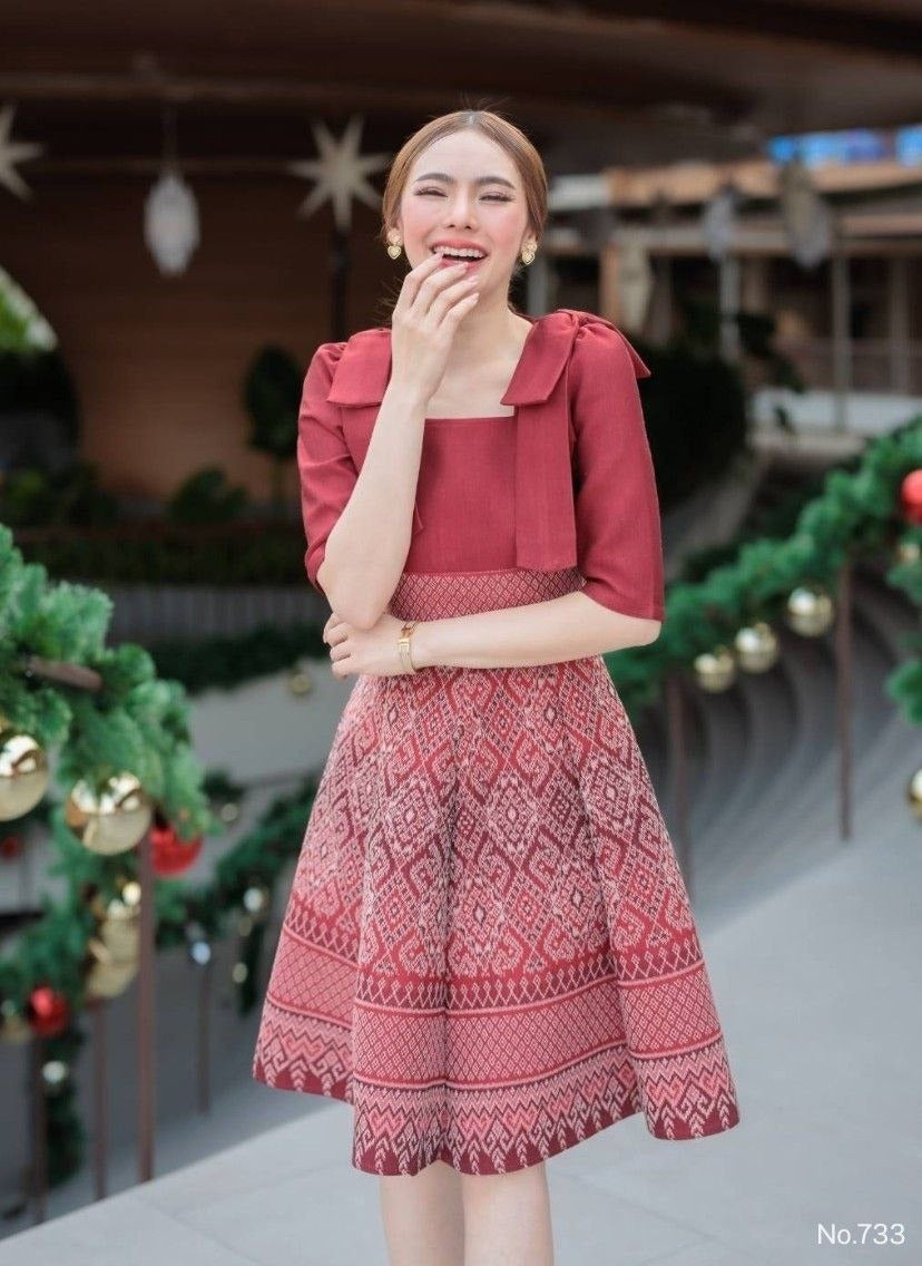 Woven Fabric Dress for Women | Square Neckline, Shoulder Bow, 8-Piece Flared Skirt, Hidden Zipper, Sizes S-5XL, Available in 3 Colors (N733)