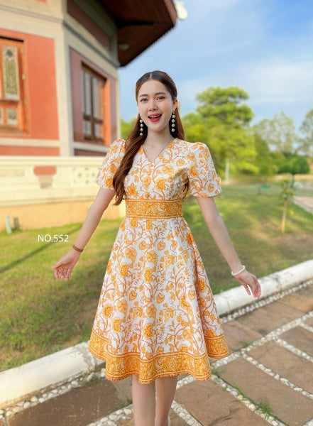 Yellow Patten Dress for Women | V-Neck, 8-Piece Flared Skirt, Hidden Zipper, Sizes S-5XL (N552)