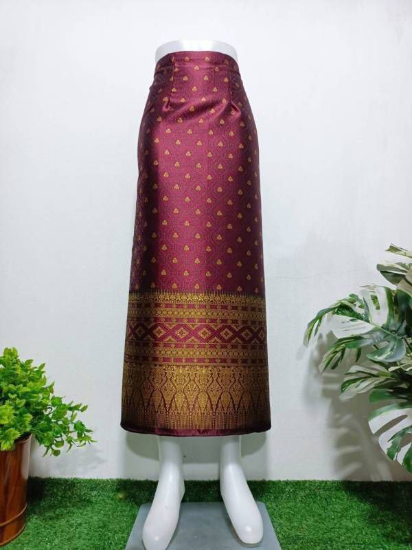 Elegant Thai/Laos Silk Long Skirt - Free Size Waist 24"- 44", 63-79 Traditional Thai Clothing, Thai Silk Skirt