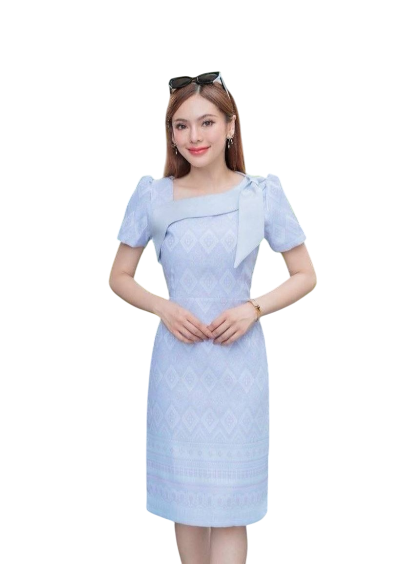 Restock! Blue Woven-Pattern Dress Tapered Fit, Shoulder Bow, Hidden Zipper, Sizes S-5XL