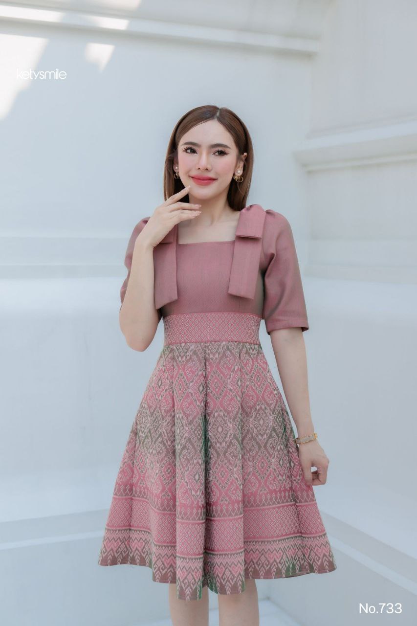 Woven Fabric Dress for Women | Square Neckline, Shoulder Bow, 8-Piece Flared Skirt, Hidden Zipper, Sizes S-5XL, Available in 3 Colors (N733)