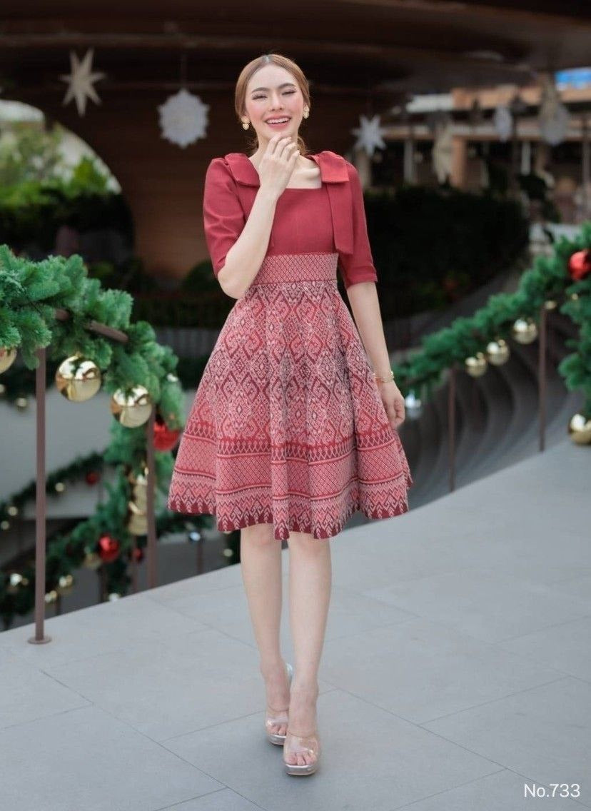 Woven Fabric Dress for Women | Square Neckline, Shoulder Bow, 8-Piece Flared Skirt, Hidden Zipper, Sizes S-5XL, Available in 3 Colors (N733)