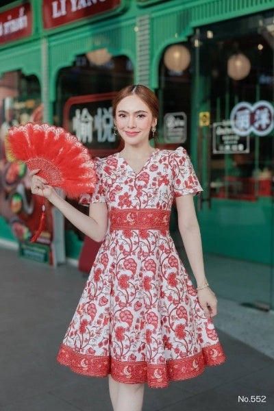 Red & White Patten Dress for Women | V-Neck, 8-Piece Flared Skirt, Hidden Zipper, Sizes S-5XL (N552)