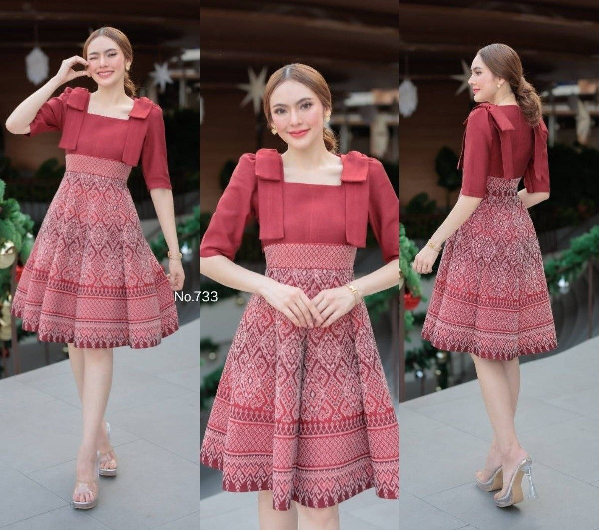 Woven Fabric Dress for Women | Square Neckline, Shoulder Bow, 8-Piece Flared Skirt, Hidden Zipper, Sizes S-5XL, Available in 3 Colors (N733)