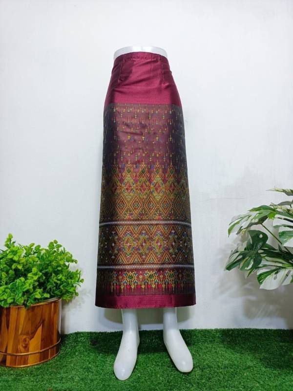 Elegant Thai/Laos Silk Long Skirt - Free Size Waist 24"- 44", 63-79 Traditional Thai Clothing, Thai Silk Skirt