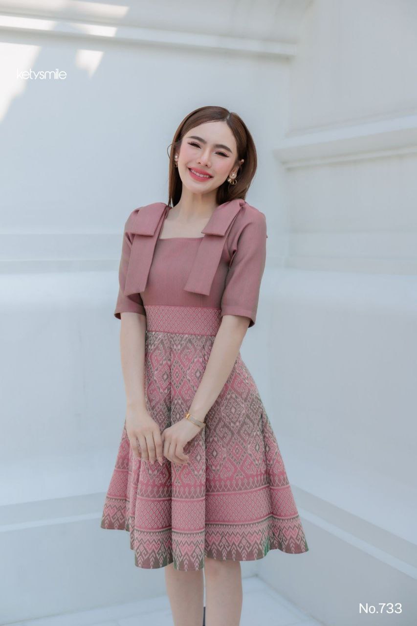 Woven Fabric Dress for Women | Square Neckline, Shoulder Bow, 8-Piece Flared Skirt, Hidden Zipper, Sizes S-5XL, Available in 3 Colors (N733)