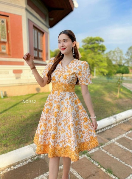 Yellow Patten Dress for Women | V-Neck, 8-Piece Flared Skirt, Hidden Zipper, Sizes S-5XL (N552)