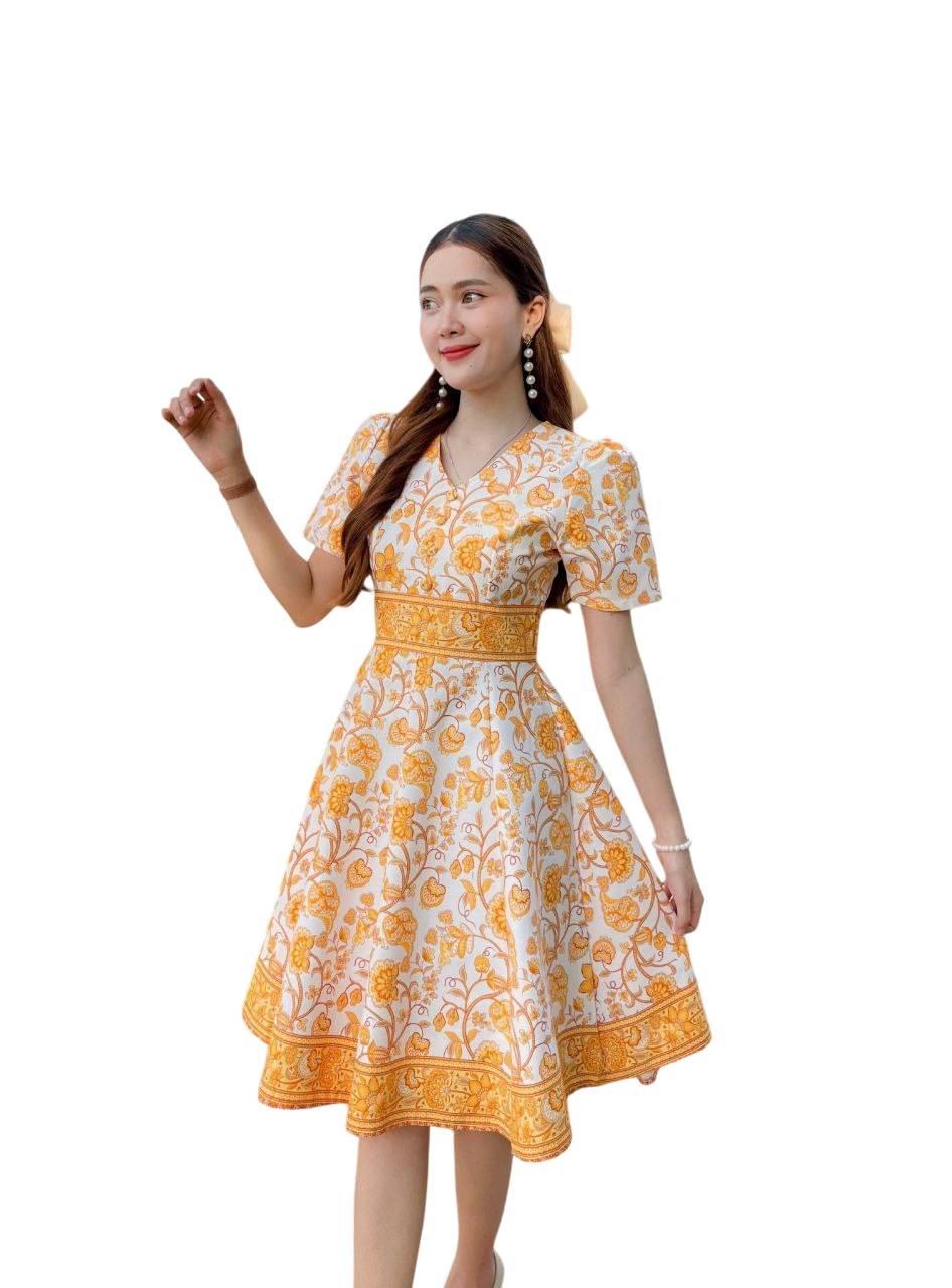 Yellow Patten Dress for Women | V-Neck, 8-Piece Flared Skirt, Hidden Zipper, Sizes S-5XL (N552)