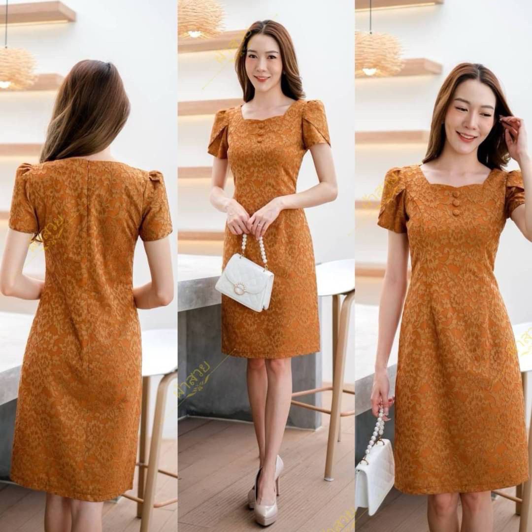 Thai Silk Lace Dress for Women, Women's Short Sleeve Floral Party Dresses for Women