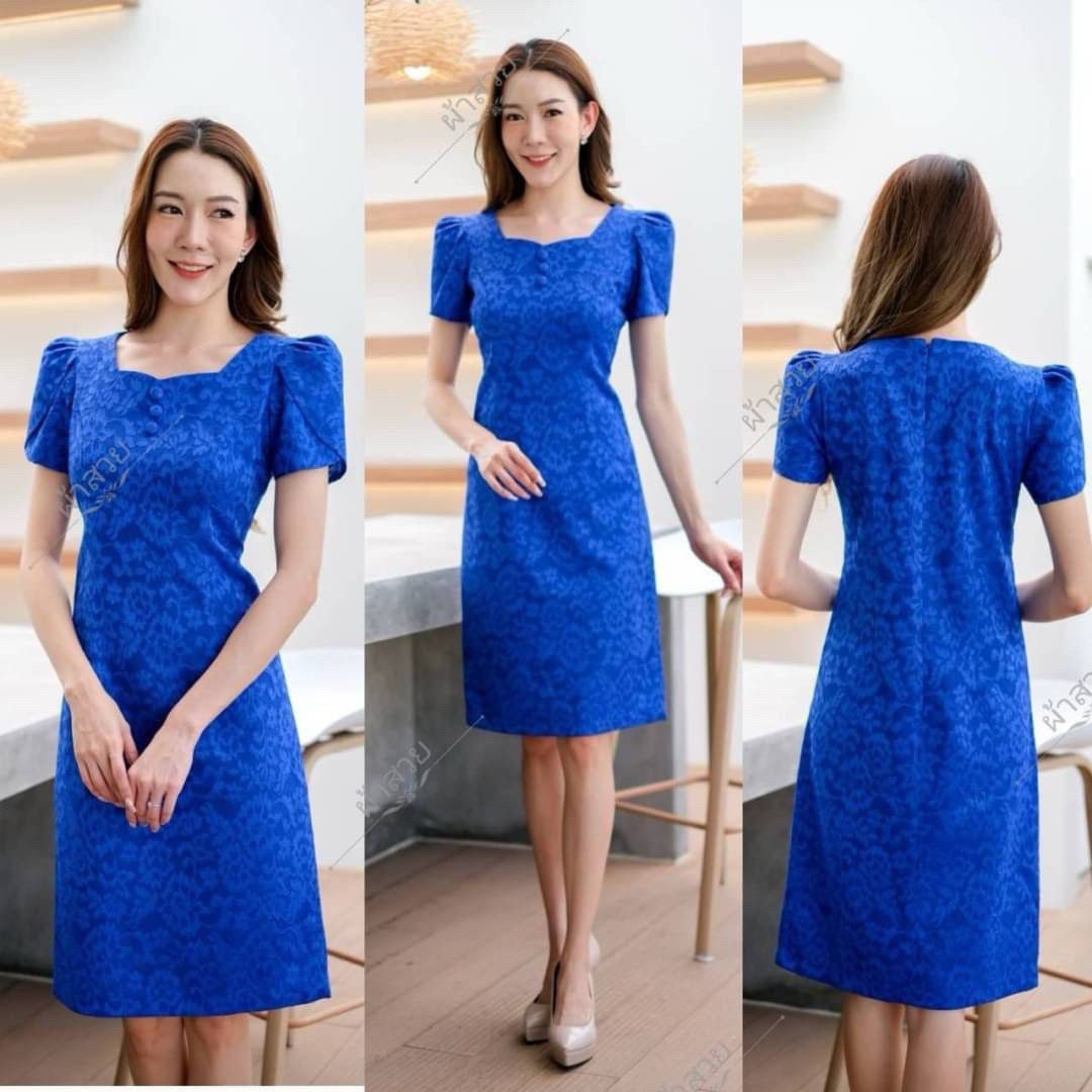 Thai Silk Lace Dress for Women, Women's Short Sleeve Floral Party Dresses for Women