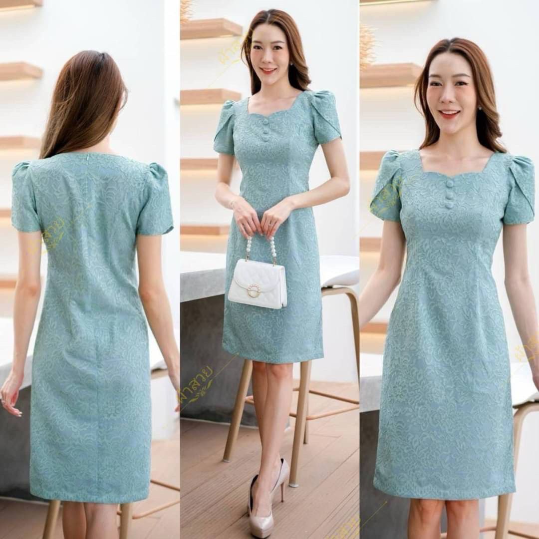 Thai Silk Lace Dress for Women, Women's Short Sleeve Floral Party Dresses for Women