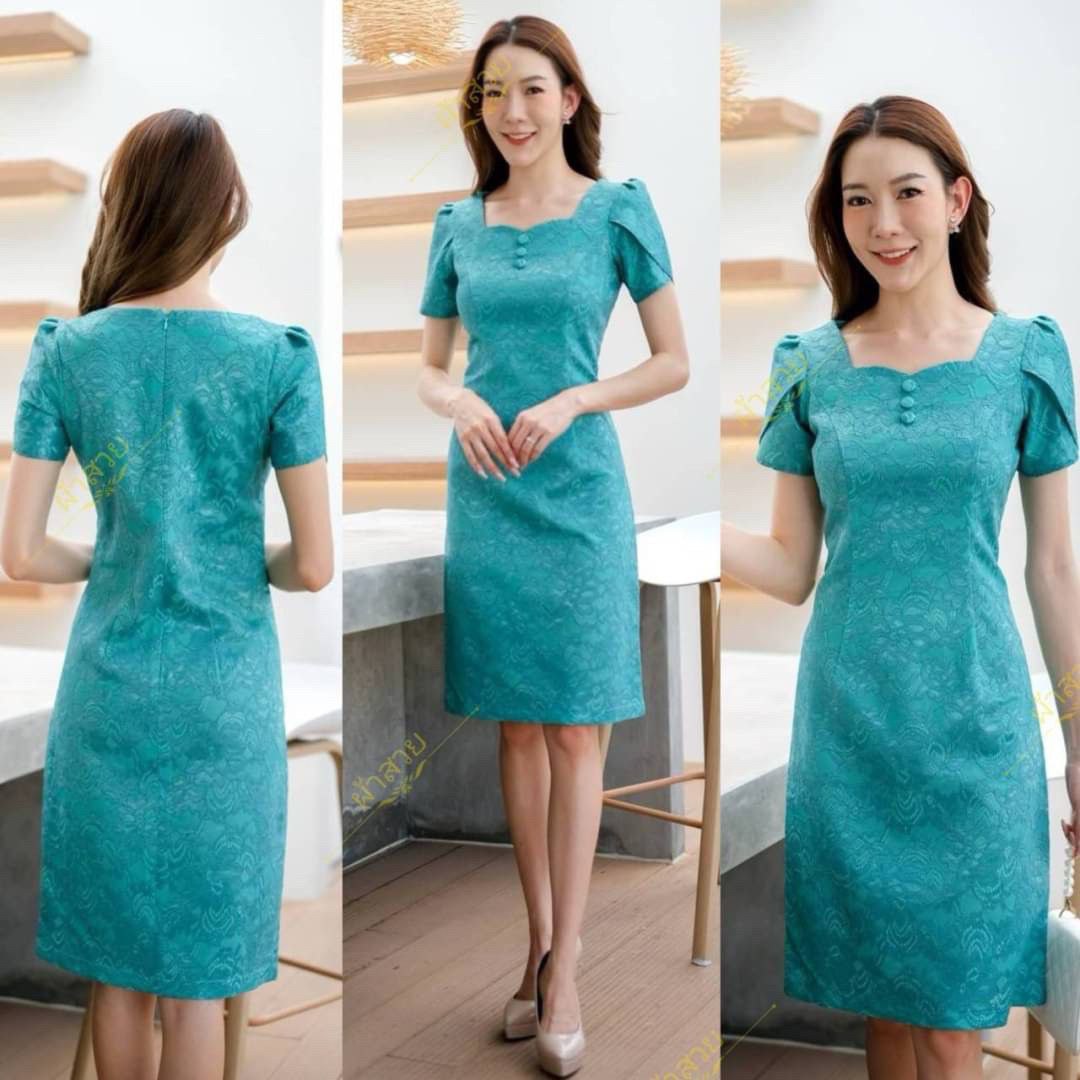 Thai Silk Lace Dress for Women, Women's Short Sleeve Floral Party Dresses for Women