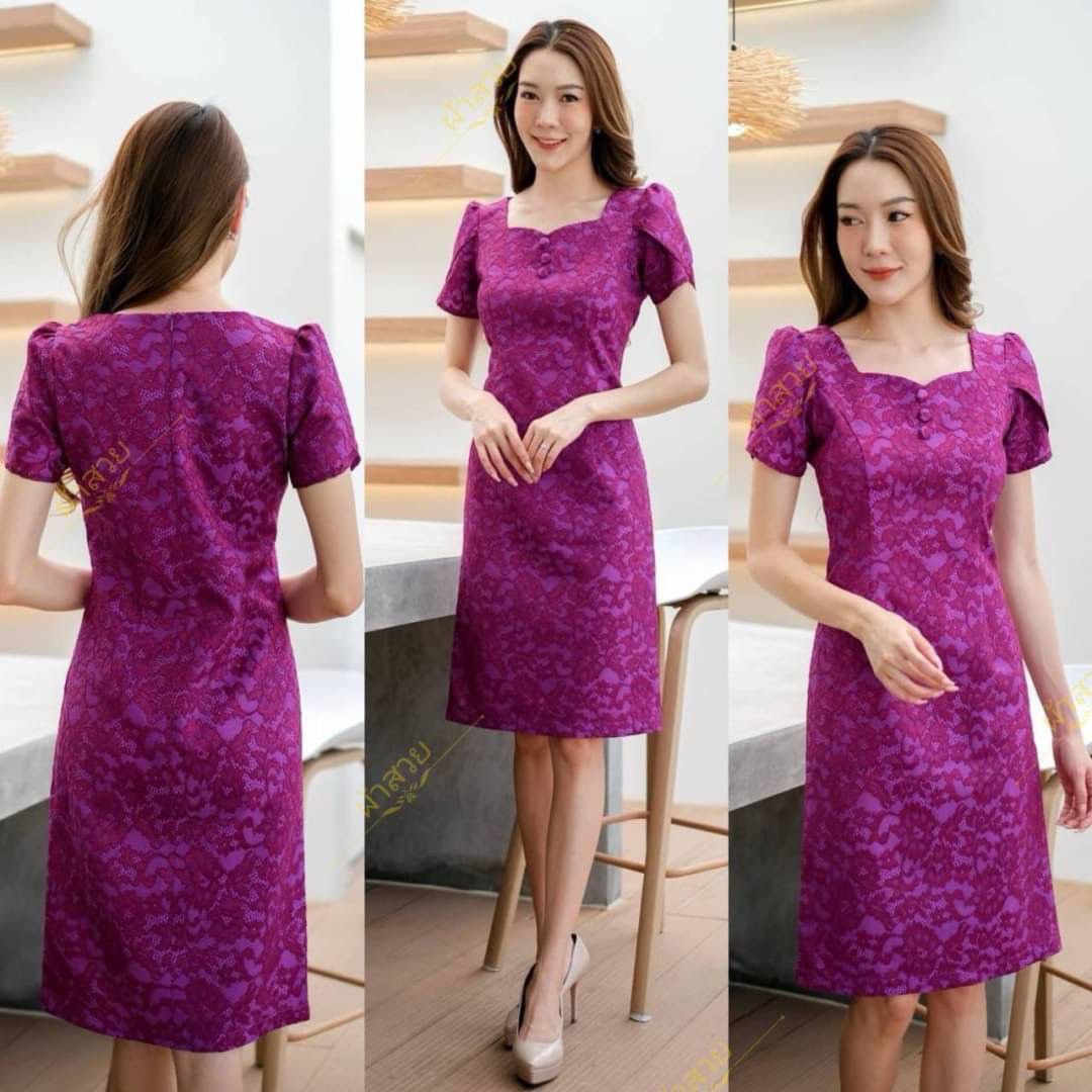 Thai Silk Lace Dress for Women, Women's Short Sleeve Floral Party Dresses for Women