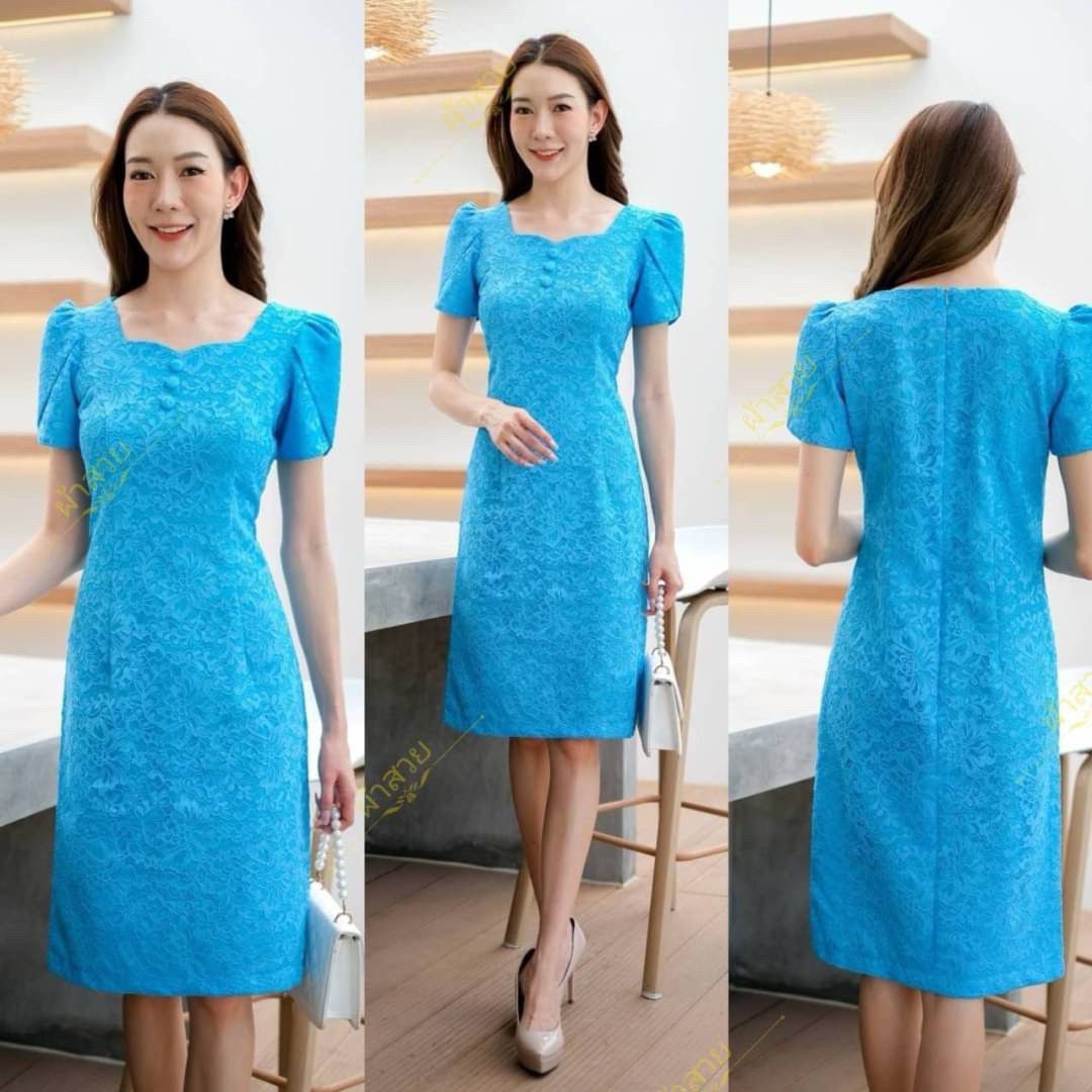Thai Silk Lace Dress for Women, Women's Short Sleeve Floral Party Dresses for Women