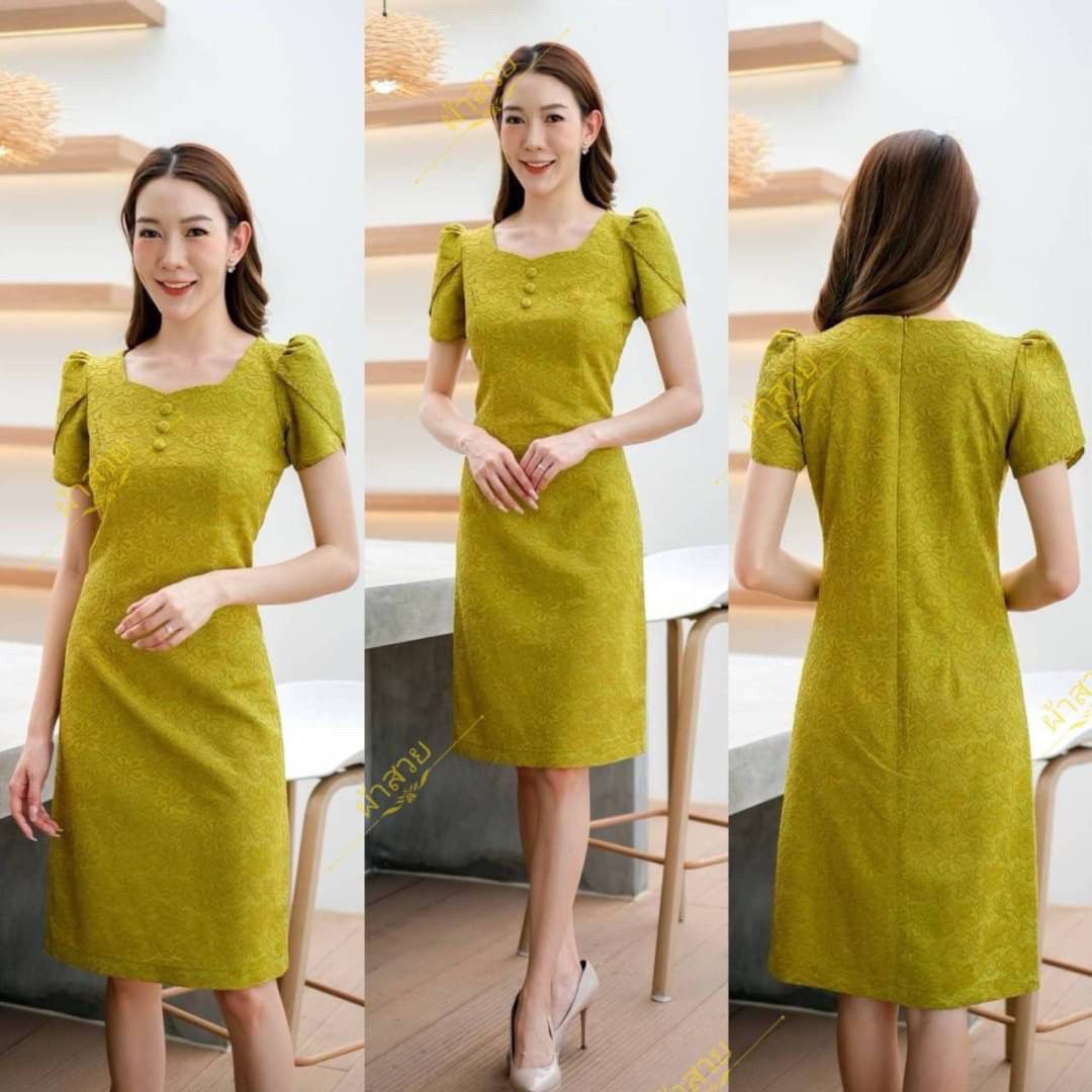 Thai Silk Lace Dress for Women, Women's Short Sleeve Floral Party Dresses for Women