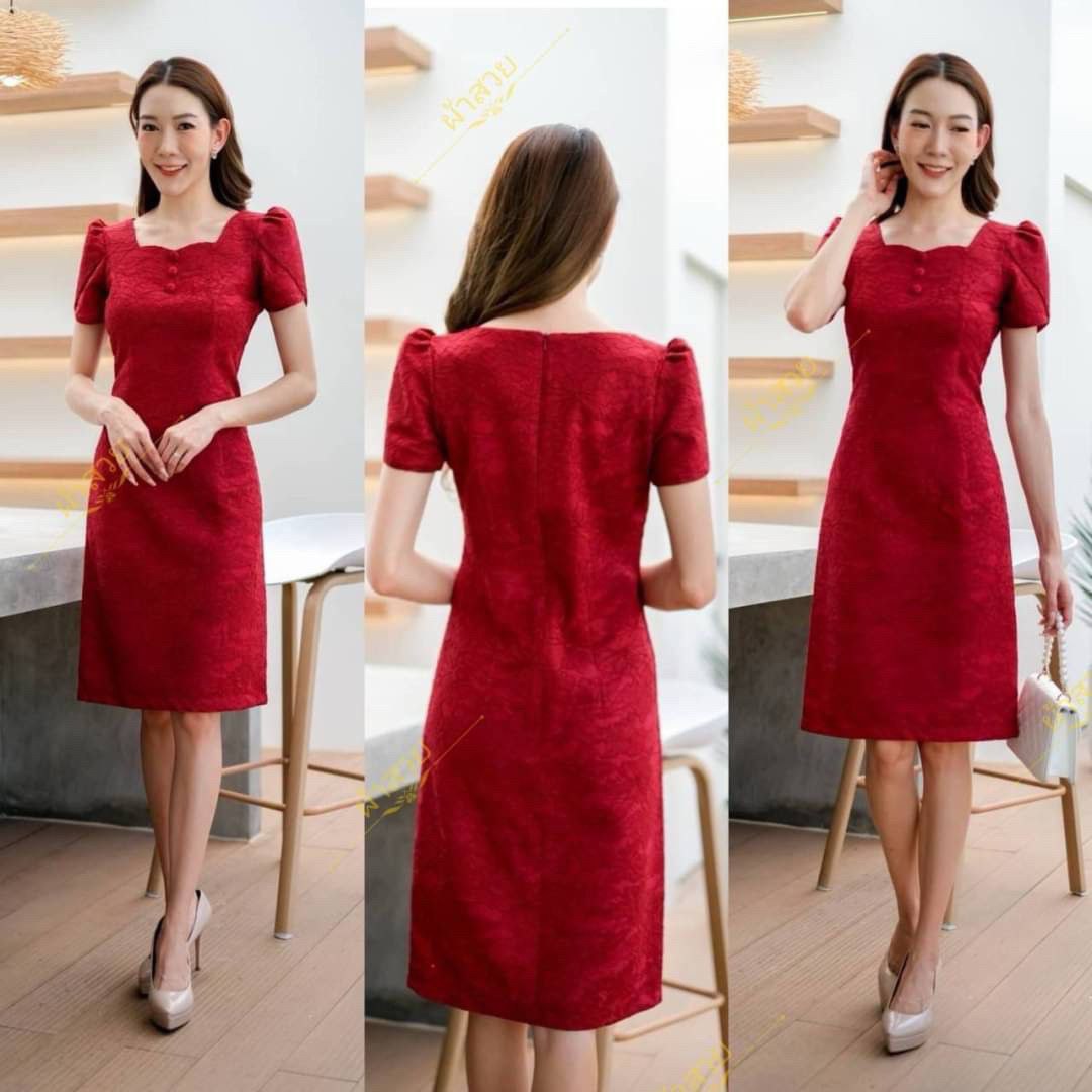Thai Silk Lace Dress for Women, Women's Short Sleeve Floral Party Dresses for Women