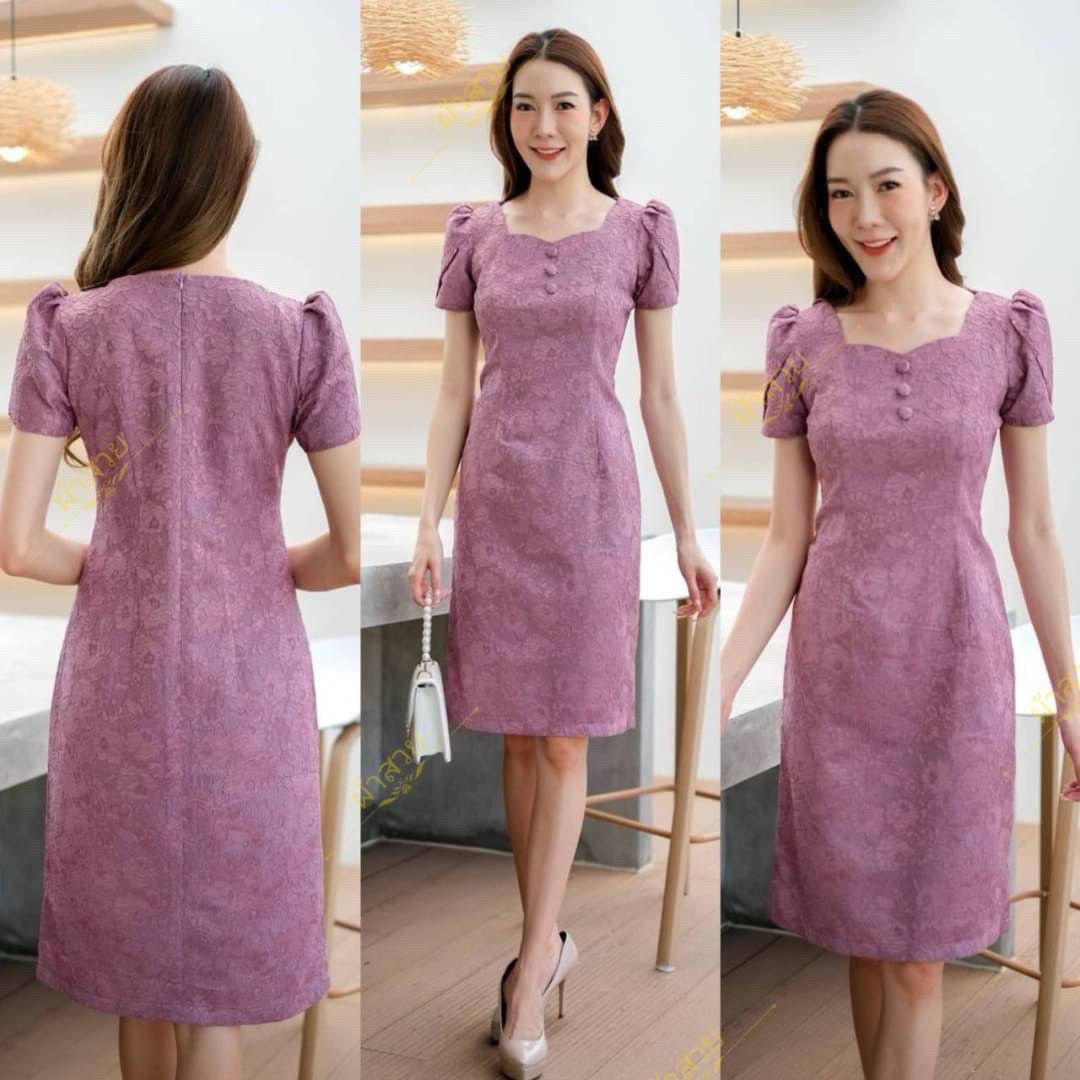 Thai Silk Lace Dress for Women, Women's Short Sleeve Floral Party Dresses for Women
