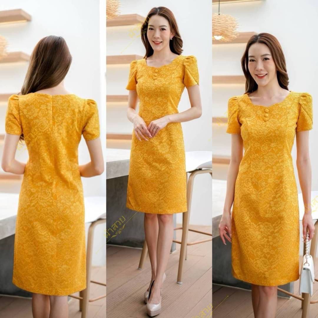 Thai Silk Lace Dress for Women, Women's Short Sleeve Floral Party Dresses for Women