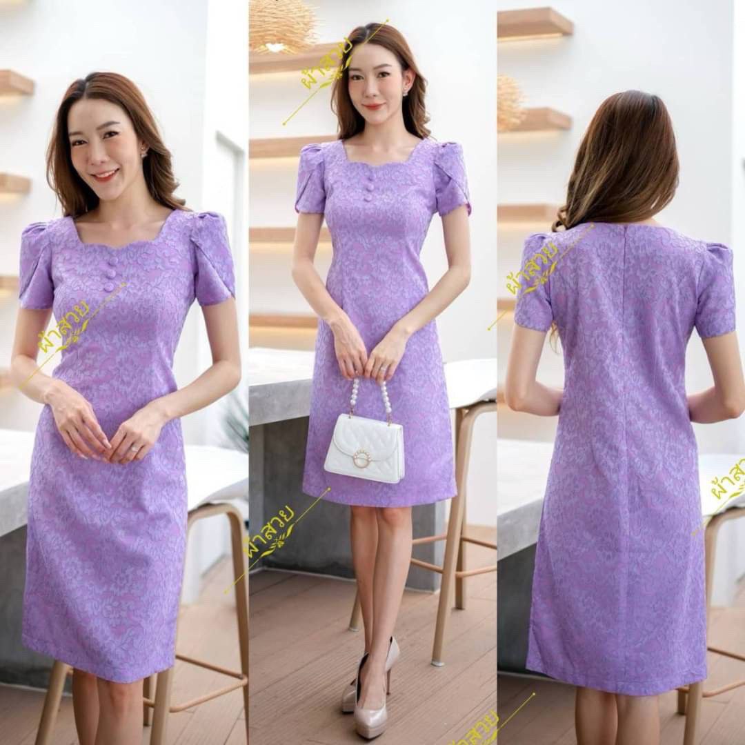 Thai Silk Lace Dress for Women, Women's Short Sleeve Floral Party Dresses for Women