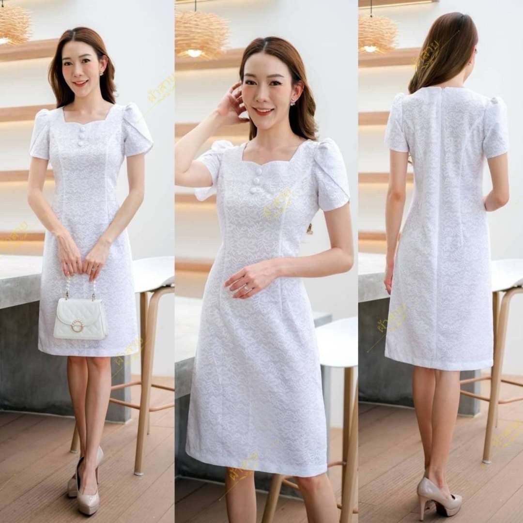 Thai Silk Lace Dress for Women, Women's Short Sleeve Floral Party Dresses for Women