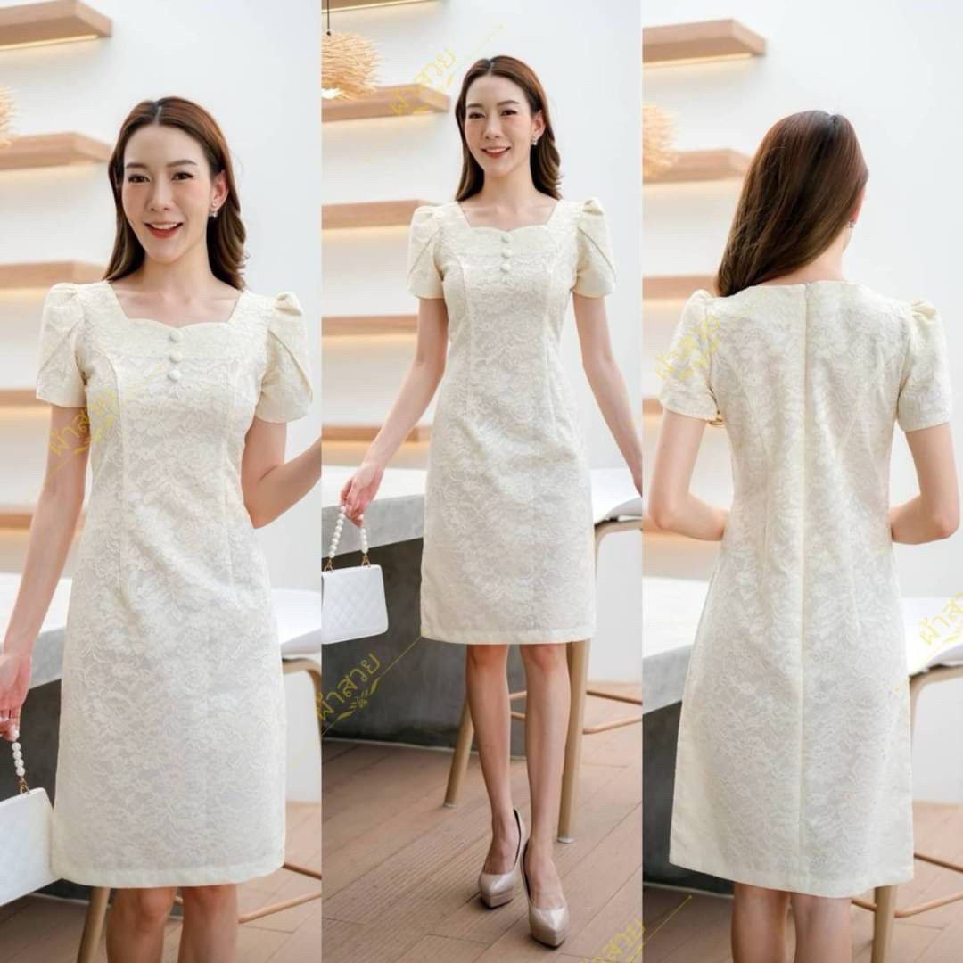 Thai Silk Lace Dress for Women, Women's Short Sleeve Floral Party Dresses for Women