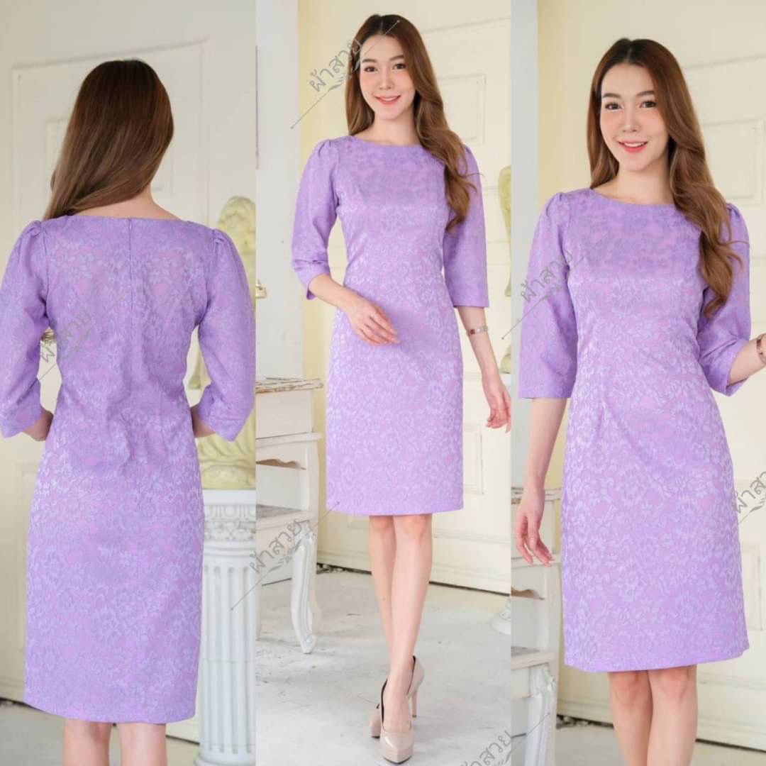 Thai Silk Lace Dress for Women, Women's Short Sleeve Floral Party Dresses for Women