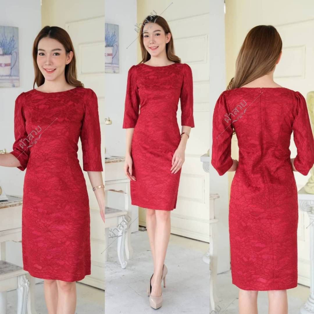Thai Silk Lace Dress for Women, Women's Short Sleeve Floral Party Dresses for Women