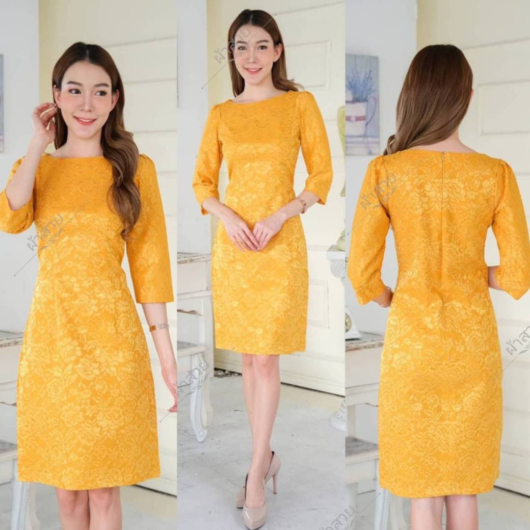 Thai Silk Lace Dress for Women, Women's Short Sleeve Floral Party Dresses for Women
