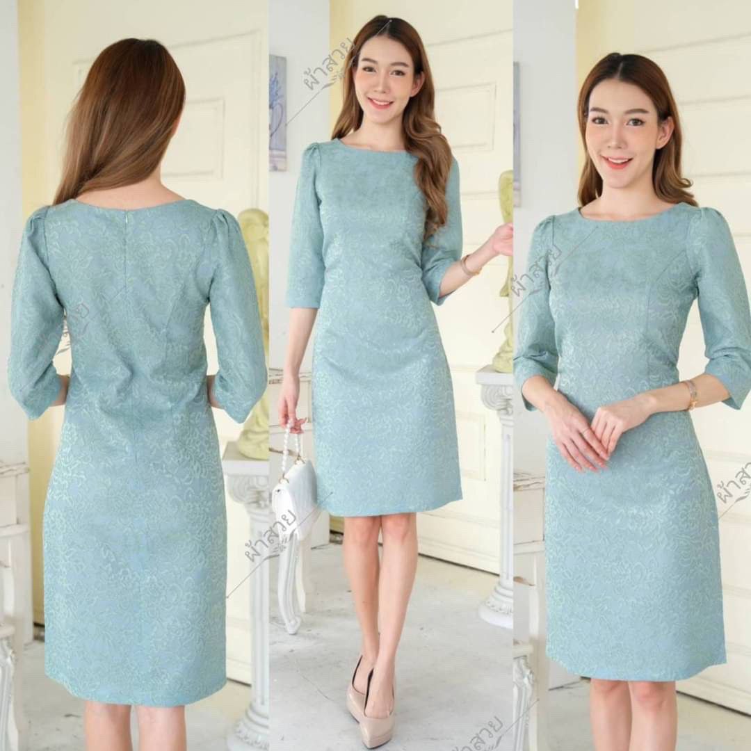 Thai Silk Lace Dress for Women, Women's Short Sleeve Floral Party Dresses for Women