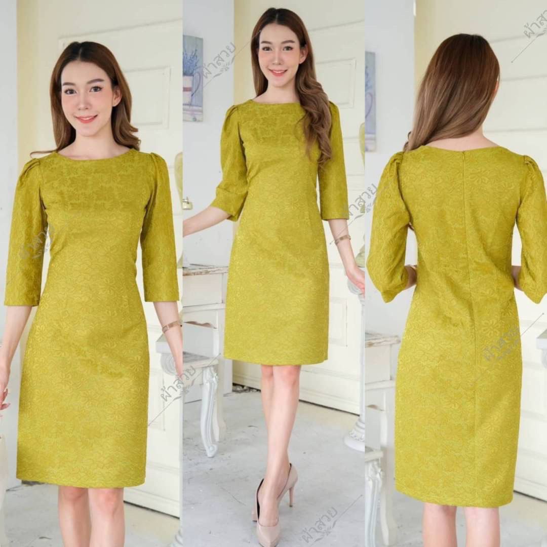 Thai Silk Lace Dress for Women, Women's Short Sleeve Floral Party Dresses for Women