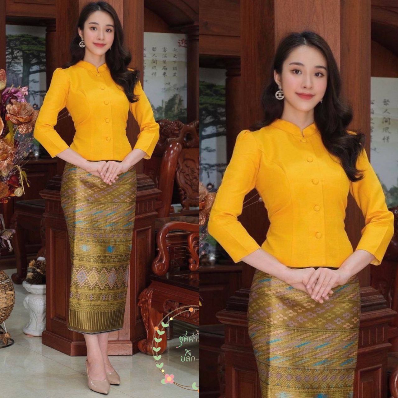 Thai Traditional Dress Silk Skirt & Silk Blouse Set