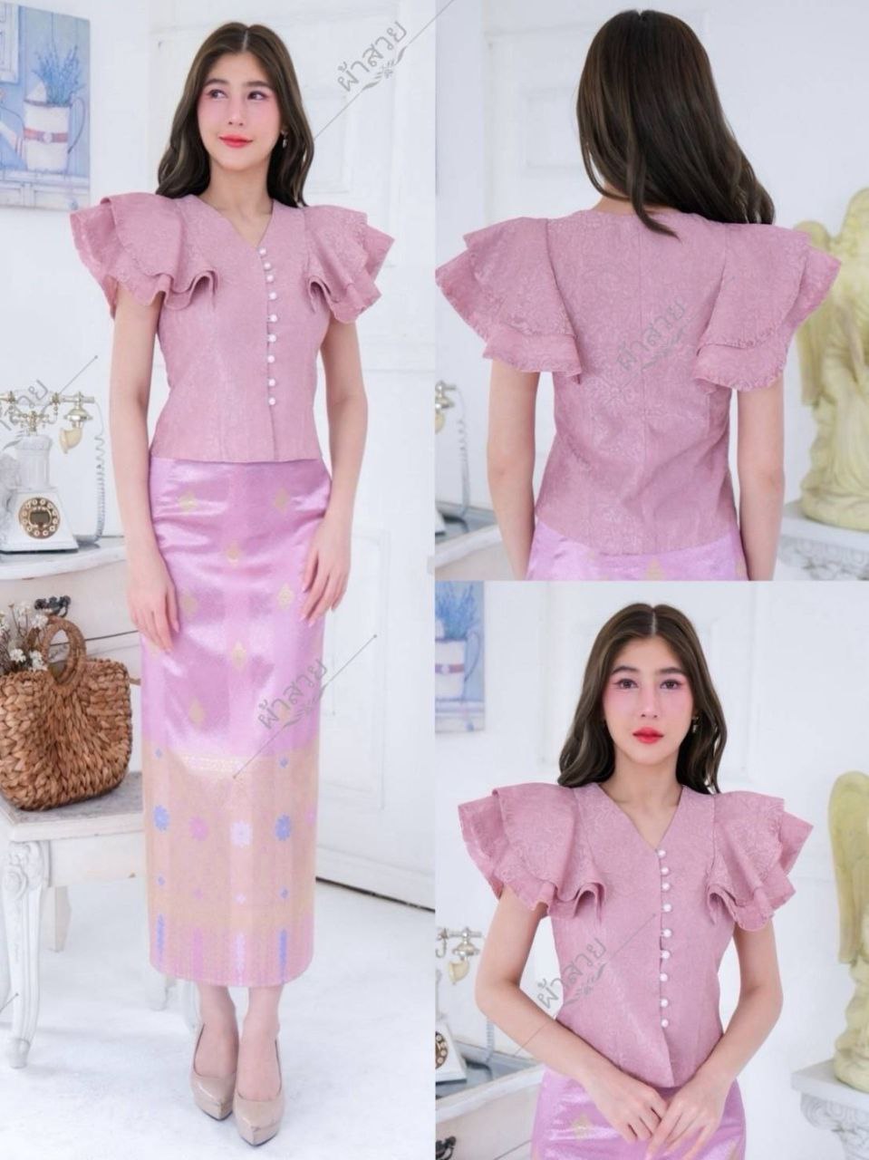 Elegant Thai/Laos Silk Skirt & Lace or Silk Blouse Set - Traditional Thai Clothing (2-Piece Outfit), Chest 32"-46", Skirt Free Size 24"-44"