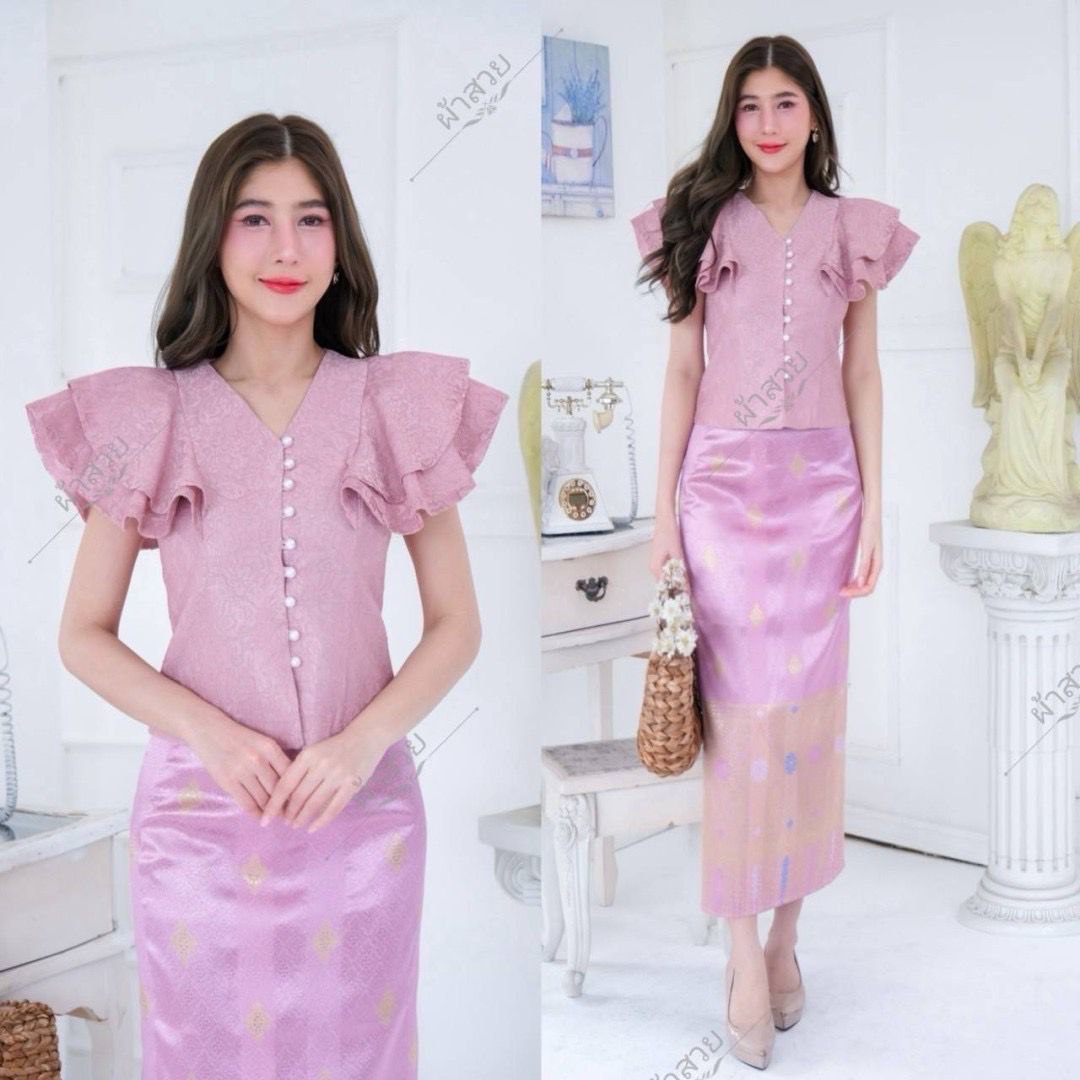 Elegant Thai/Laos Silk Skirt & Lace or Silk Blouse Set - Traditional Thai Clothing (2-Piece Outfit), Chest 32"-46", Skirt Free Size 24"-44"