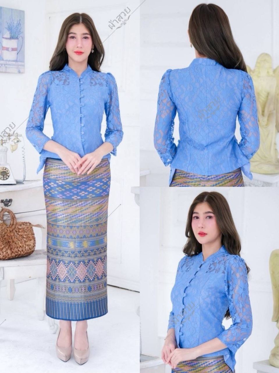 Elegant Thai/Laos Silk Skirt & Lace or Silk Blouse Set - Traditional Thai Clothing (2-Piece Outfit), Chest 32"-46", Skirt Free Size 24"-44"