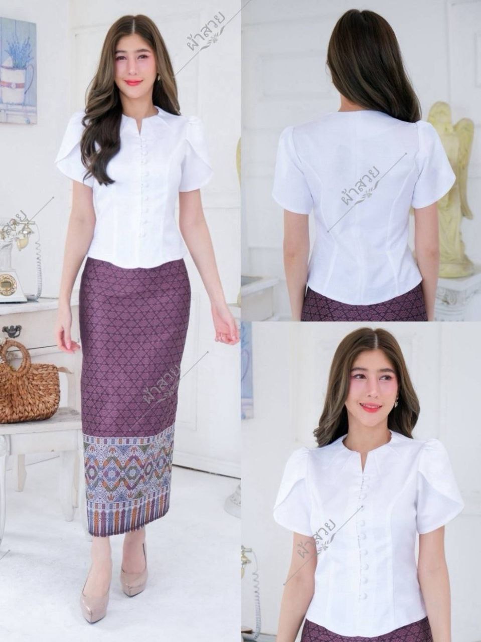 Elegant Thai/Laos Silk Skirt & Lace or Silk Blouse Set - Traditional Thai Clothing (2-Piece Outfit), Chest 32"-46", Skirt Free Size 24"-44"