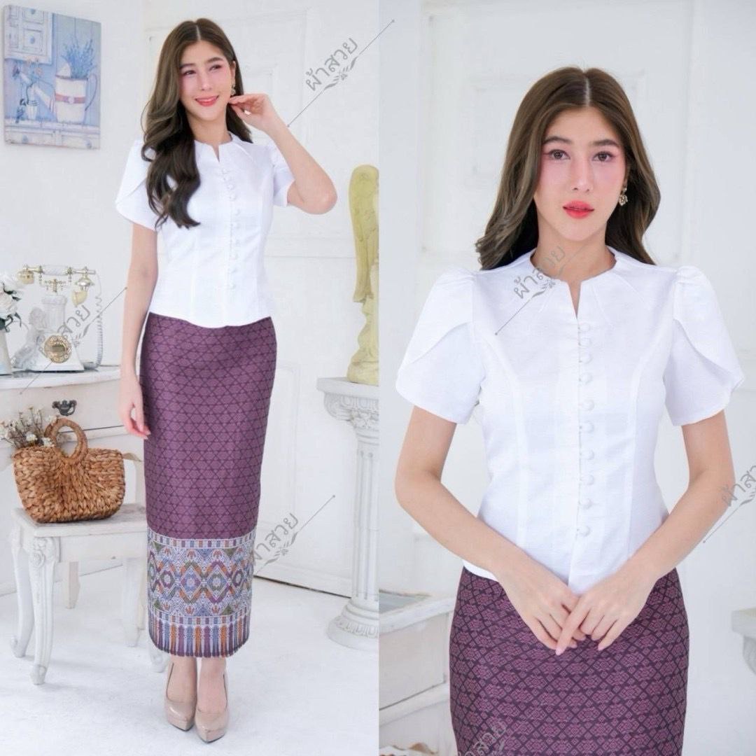 Elegant Thai/Laos Silk Skirt & Lace or Silk Blouse Set - Traditional Thai Clothing (2-Piece Outfit), Chest 32"-46", Skirt Free Size 24"-44"