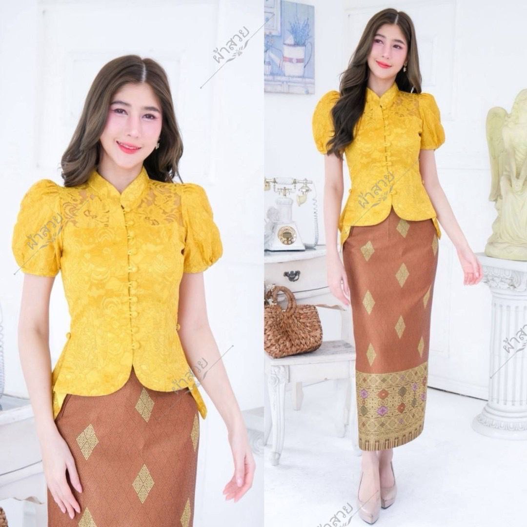 Elegant Thai/Laos Silk Skirt & Lace or Silk Blouse Set - Traditional Thai Clothing (2-Piece Outfit), Chest 32"-46", Skirt Free Size 24"-44"